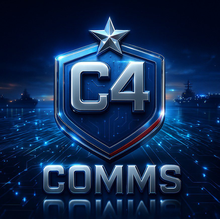 Glowing blue C4 COMMS logo with a star on top against a dark digital cityscape.
