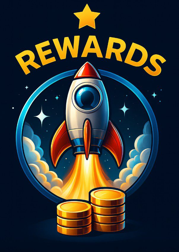 Rocket launching with coins below and 'REWARDS' above.