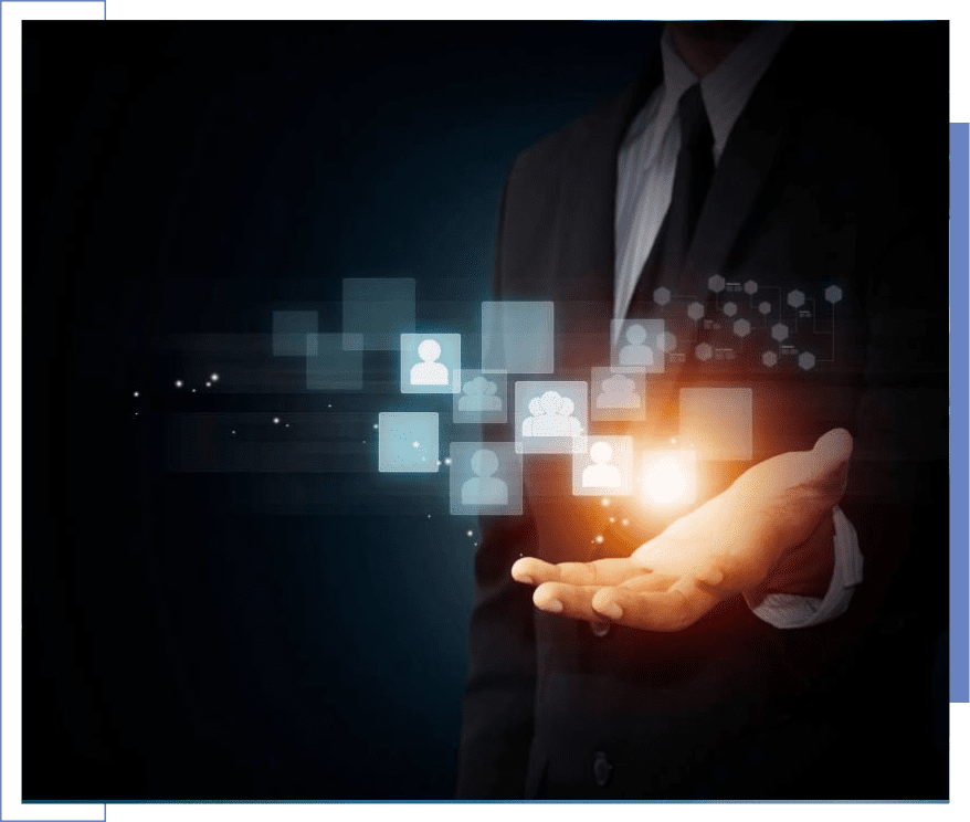 Businessman holding glowing digital icons representing technology and innovation.